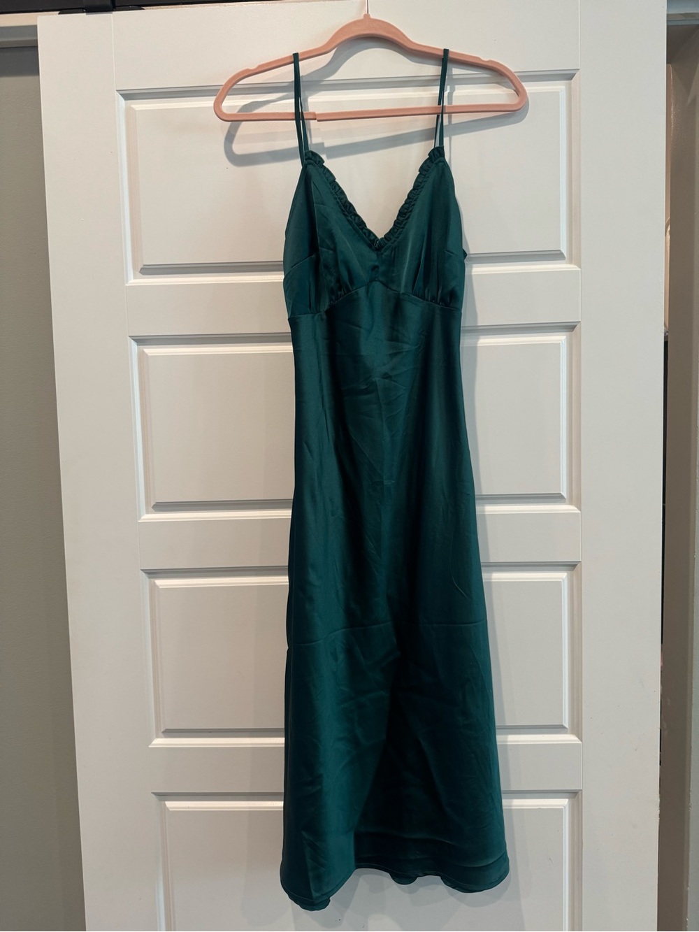 Japna Emerald Green Satin Slip Dress with Lace Trim